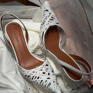 Amina Muaddi White Woven Slingback Heels